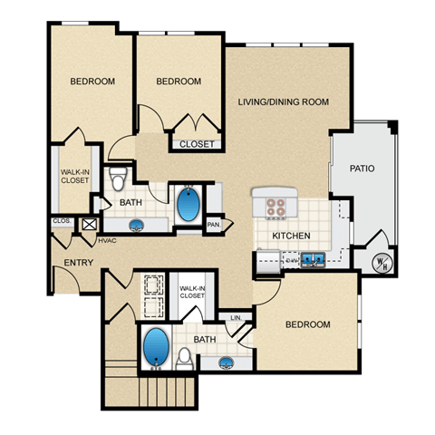 Floor plan for 3 beds, 2 baths, 1491 sqft